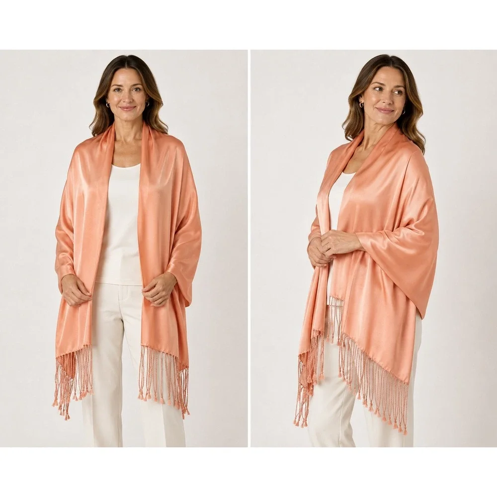 100% Silk Satin Shawl Wrap Peach Coral Pink Tassel Fringe Evening Scarf